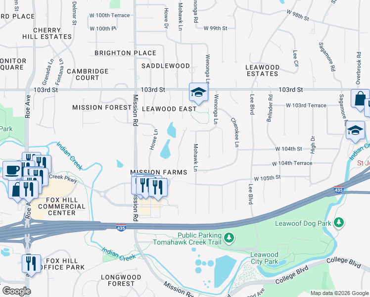 map of restaurants, bars, coffee shops, grocery stores, and more near 10343 Mohawk Road in Leawood