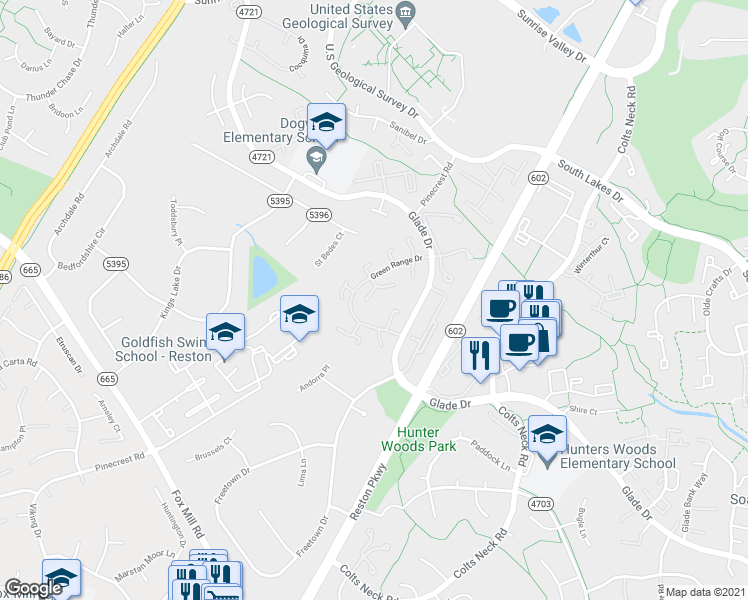 map of restaurants, bars, coffee shops, grocery stores, and more near 2335 Emerald Heights Court in Reston