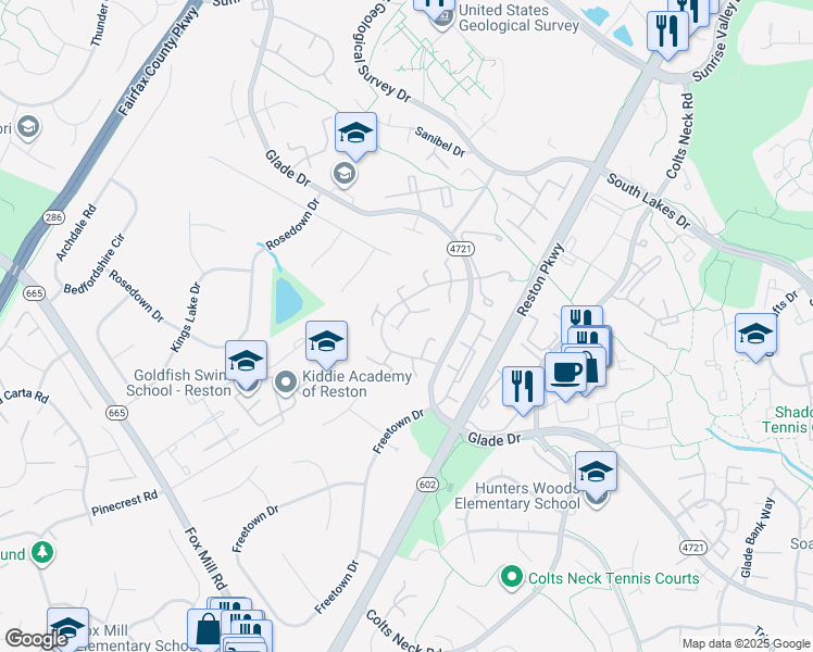 map of restaurants, bars, coffee shops, grocery stores, and more near 2335 Emerald Heights Court in Reston