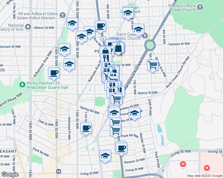 map of restaurants, bars, coffee shops, grocery stores, and more near 3828 Georgia Avenue Northwest in Washington