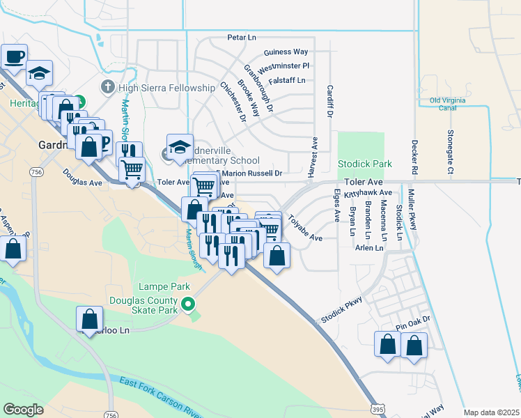 map of restaurants, bars, coffee shops, grocery stores, and more near 1362 Waterloo Lane in Gardnerville