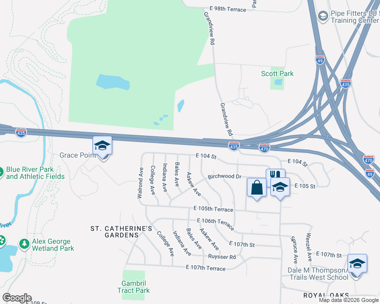 map of restaurants, bars, coffee shops, grocery stores, and more near 3500 East 104th Street in Kansas City