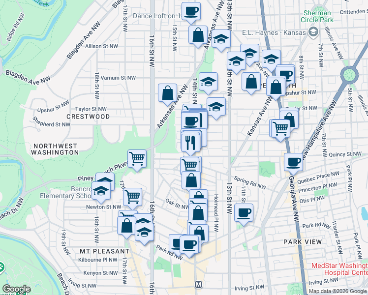 map of restaurants, bars, coffee shops, grocery stores, and more near 3800-3802 14th Street Northwest in Washington
