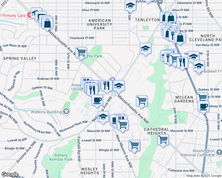 map of restaurants, bars, coffee shops, grocery stores, and more near 4400 Massachusetts Avenue Northwest in Washington