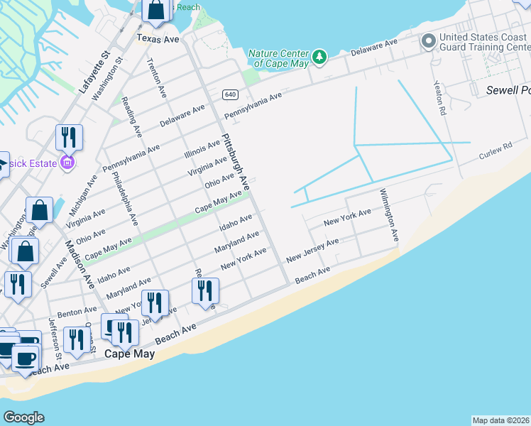 map of restaurants, bars, coffee shops, grocery stores, and more near 1401 Idaho Avenue in Cape May