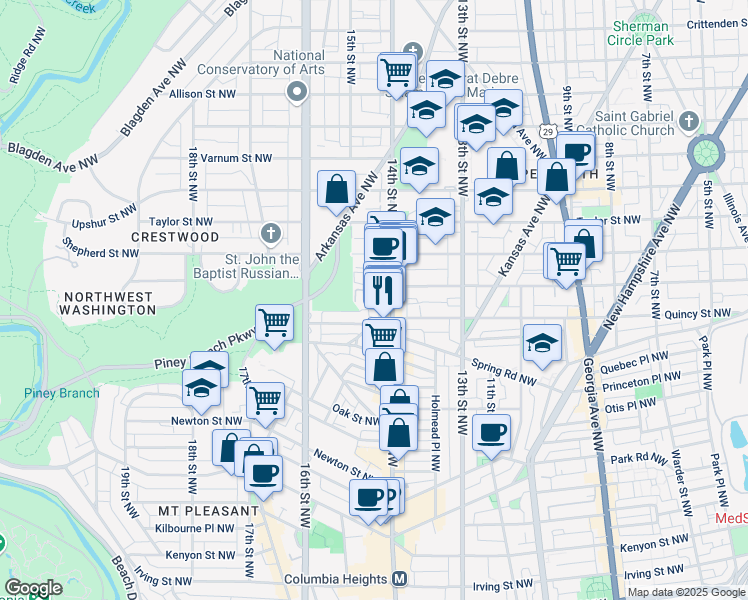 map of restaurants, bars, coffee shops, grocery stores, and more near 3800 14th Street Northwest in Washington