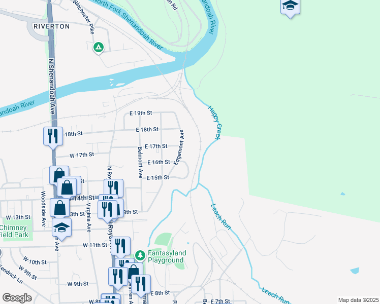 map of restaurants, bars, coffee shops, grocery stores, and more near 1612 Edgemont Avenue in Front Royal
