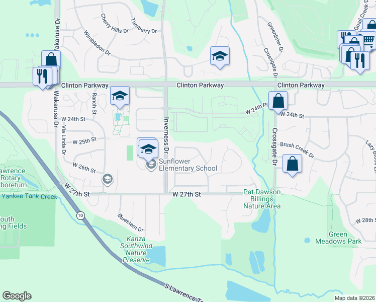 map of restaurants, bars, coffee shops, grocery stores, and more near 4312 Helianthus Drive in Lawrence