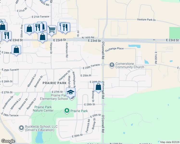 map of restaurants, bars, coffee shops, grocery stores, and more near 2501 Dover Court in Lawrence