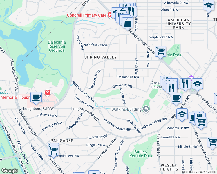 map of restaurants, bars, coffee shops, grocery stores, and more near 4943 Quebec Street Northwest in Washington