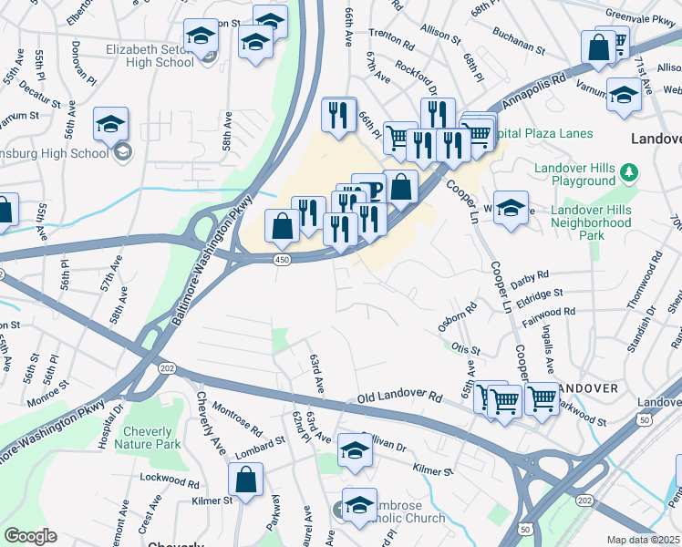 map of restaurants, bars, coffee shops, grocery stores, and more near 3839 64th Avenue in Hyattsville