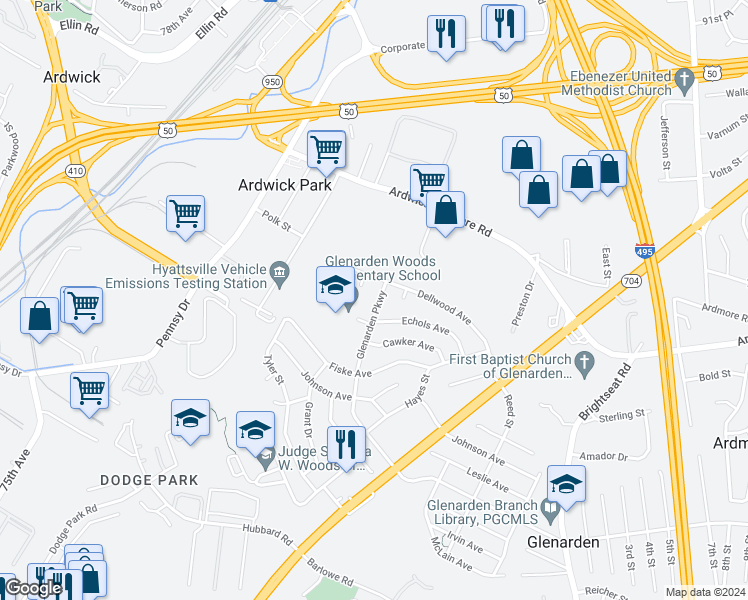 map of restaurants, bars, coffee shops, grocery stores, and more near 7707 Glenarden Parkway in Glenarden