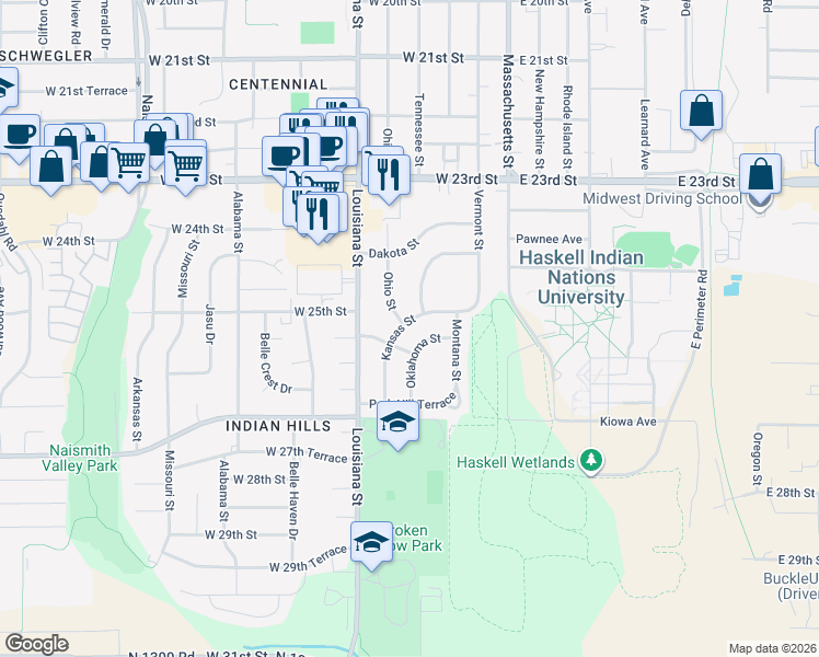 map of restaurants, bars, coffee shops, grocery stores, and more near 327 Kansas Street in Lawrence