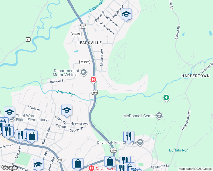 map of restaurants, bars, coffee shops, grocery stores, and more near 100-108 Bruce Street in Elkins