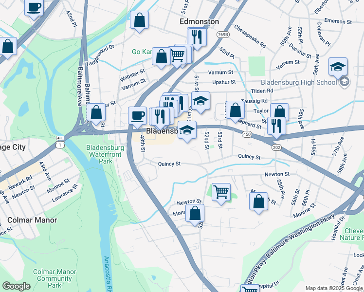 map of restaurants, bars, coffee shops, grocery stores, and more near in Bladensburg