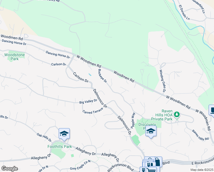 map of restaurants, bars, coffee shops, grocery stores, and more near 505 Buckeye Drive in Colorado Springs