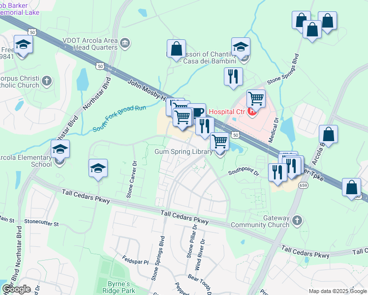 map of restaurants, bars, coffee shops, grocery stores, and more near 24481 Amherst Forest Terrace in Aldie