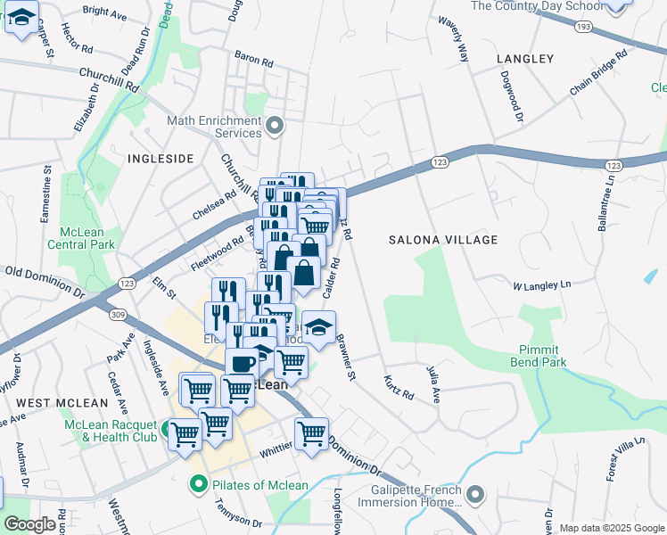 map of restaurants, bars, coffee shops, grocery stores, and more near 1310 Calder Road in McLean