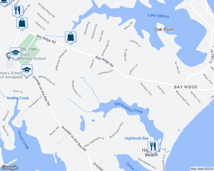 map of restaurants, bars, coffee shops, grocery stores, and more near 3207 Britania Court in Annapolis