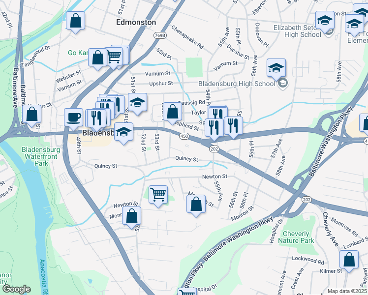 map of restaurants, bars, coffee shops, grocery stores, and more near 5360 Quincy Place in Hyattsville