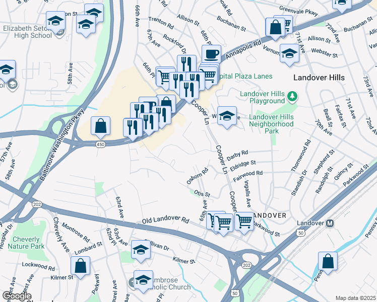 map of restaurants, bars, coffee shops, grocery stores, and more near 6606 Landing Way in Hyattsville