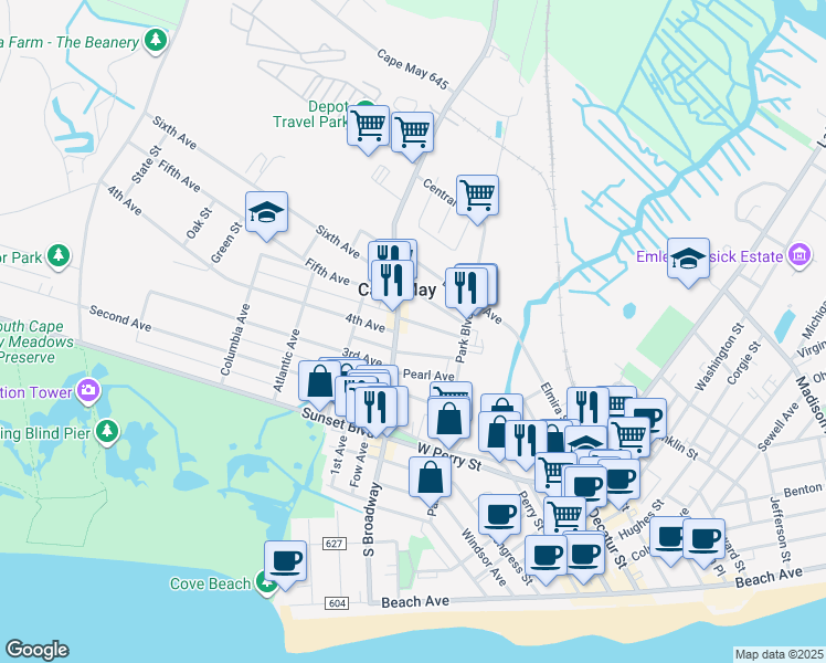 map of restaurants, bars, coffee shops, grocery stores, and more near 114 Eldredge Avenue in West Cape May