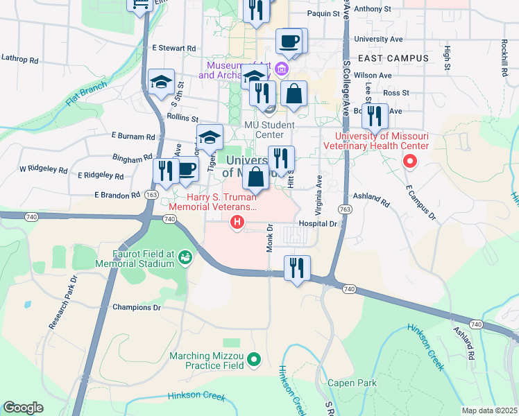 map of restaurants, bars, coffee shops, grocery stores, and more near 1 Hospital Drive in Columbia