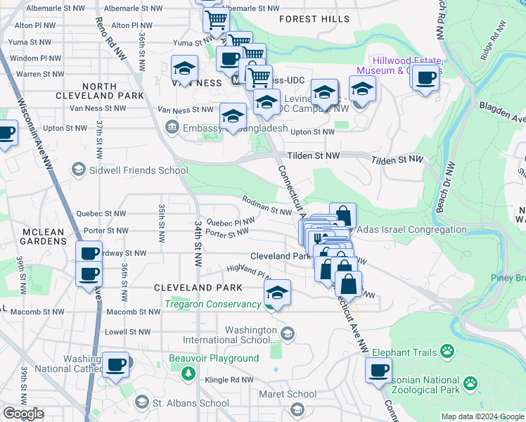 map of restaurants, bars, coffee shops, grocery stores, and more near 3048 Rodman Street Northwest in Washington