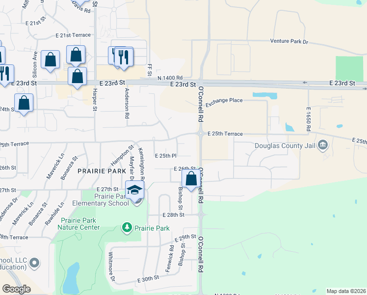 map of restaurants, bars, coffee shops, grocery stores, and more near 2113 East 25th Court in Lawrence