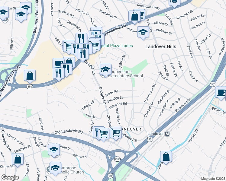 map of restaurants, bars, coffee shops, grocery stores, and more near 6714 Darby Road in Hyattsville