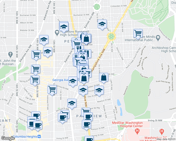 map of restaurants, bars, coffee shops, grocery stores, and more near 3816 8th Street Northwest in Washington