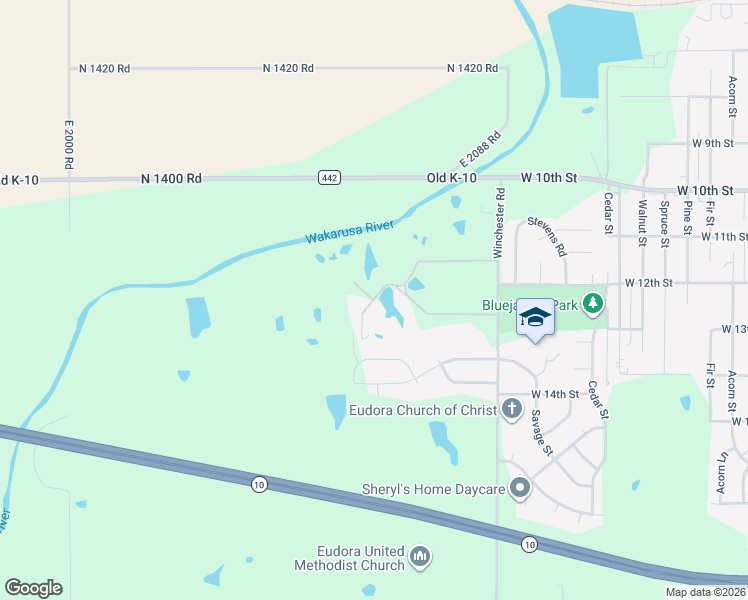 map of restaurants, bars, coffee shops, grocery stores, and more near 1320 East 2076 Road in Eudora