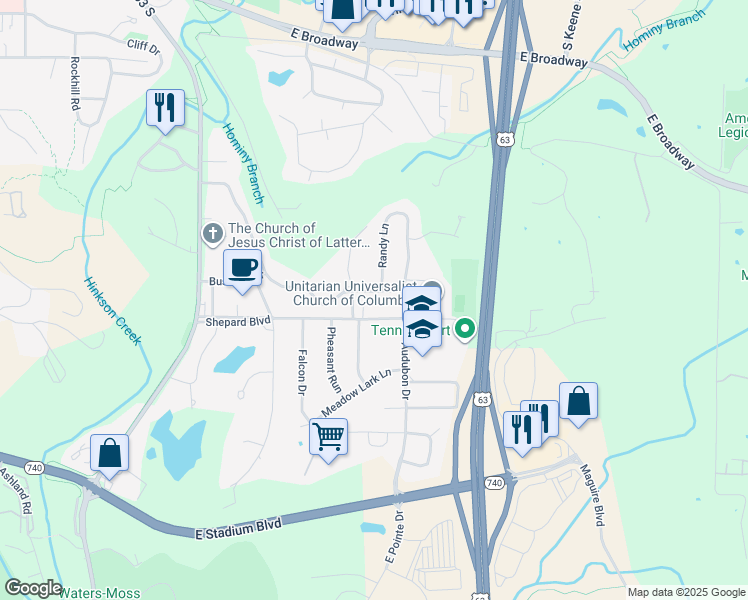 map of restaurants, bars, coffee shops, grocery stores, and more near 2512 Bluff Blvd in Columbia