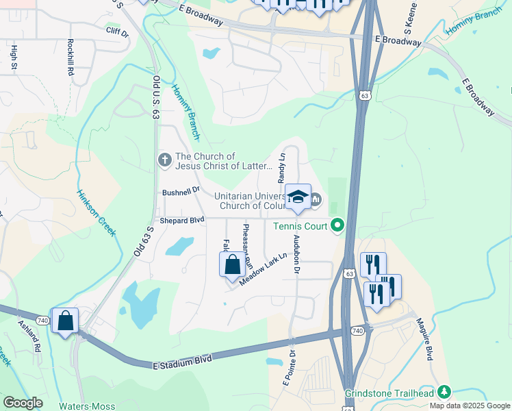 map of restaurants, bars, coffee shops, grocery stores, and more near 2404-2412 Bluff Boulevard in Columbia