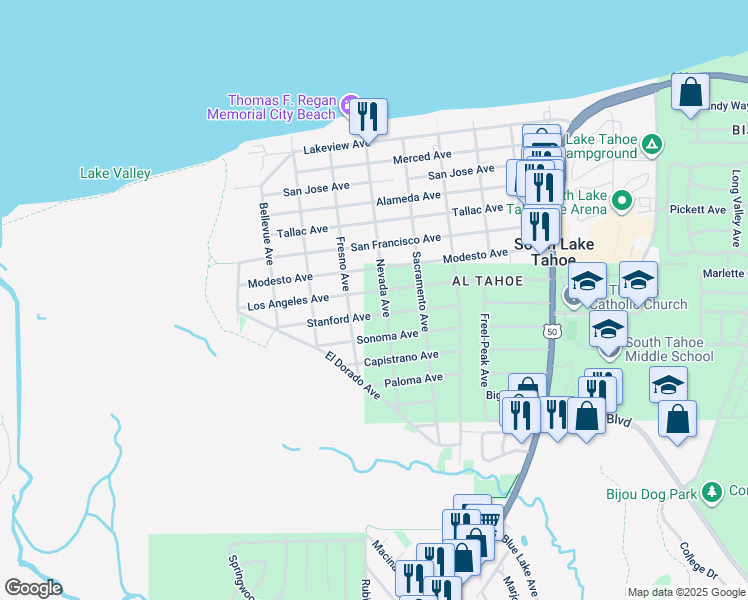 map of restaurants, bars, coffee shops, grocery stores, and more near 808 Los Angeles Avenue in South Lake Tahoe