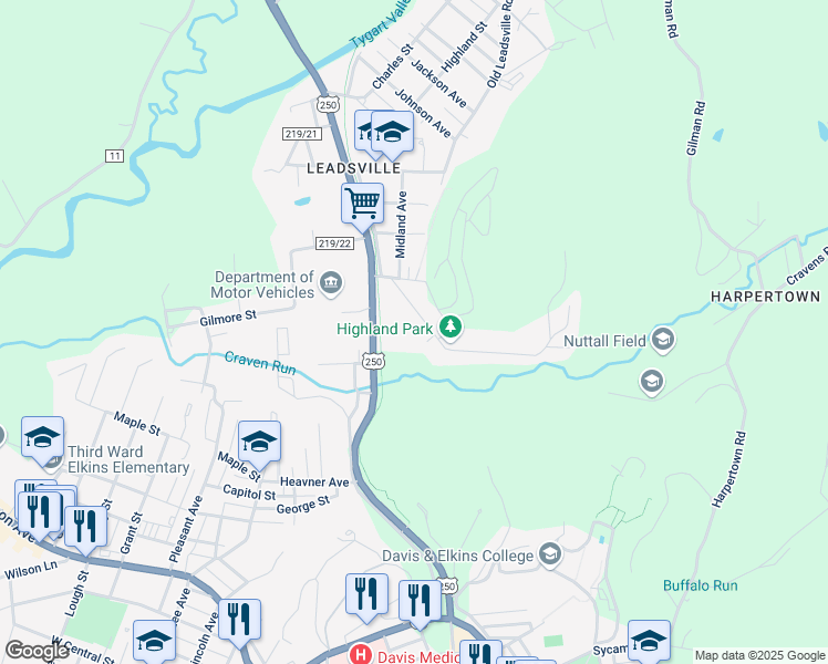 map of restaurants, bars, coffee shops, grocery stores, and more near 100-108 Bruce Street in Elkins