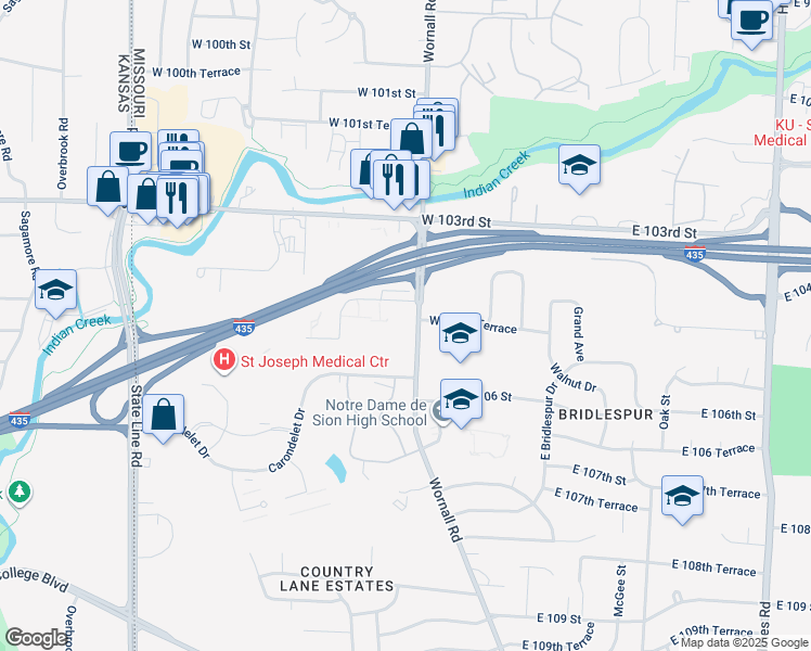 map of restaurants, bars, coffee shops, grocery stores, and more near 411 West 104th Street in Kansas City