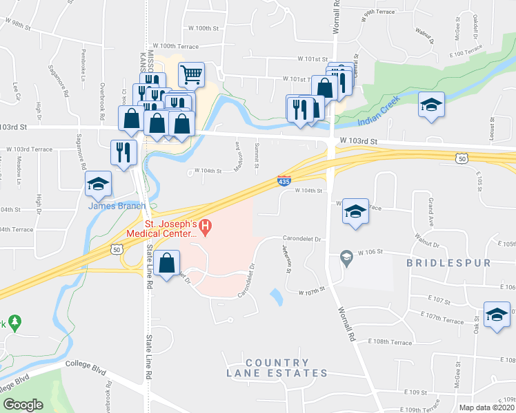 map of restaurants, bars, coffee shops, grocery stores, and more near 452 West 104th Street in Kansas City
