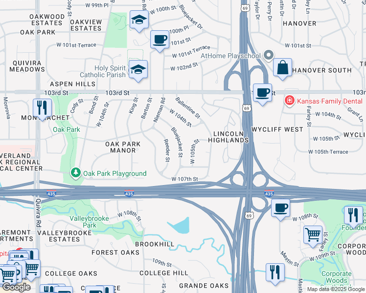 map of restaurants, bars, coffee shops, grocery stores, and more near 10536 Bluejacket Street in Overland Park