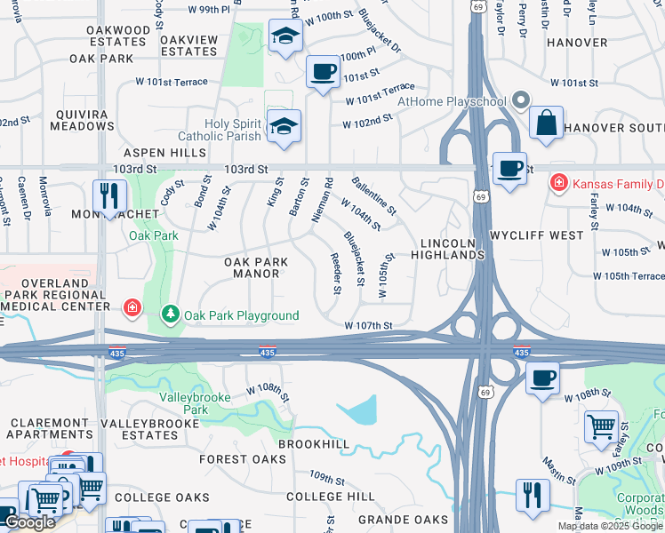 map of restaurants, bars, coffee shops, grocery stores, and more near 10517 Barton in Overland Park
