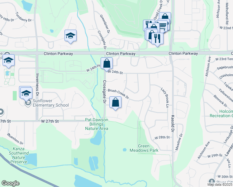 map of restaurants, bars, coffee shops, grocery stores, and more near 3745 Brush Creek Drive in Lawrence