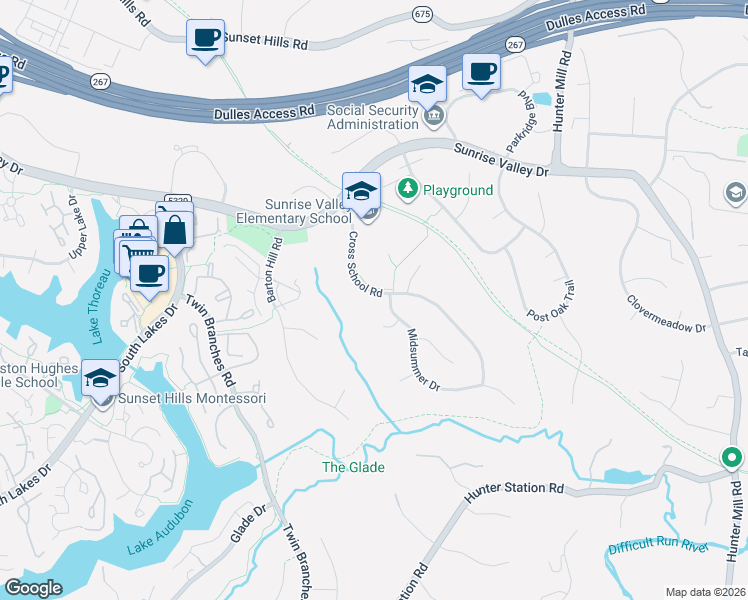 map of restaurants, bars, coffee shops, grocery stores, and more near 10803 Cross School Road in Reston