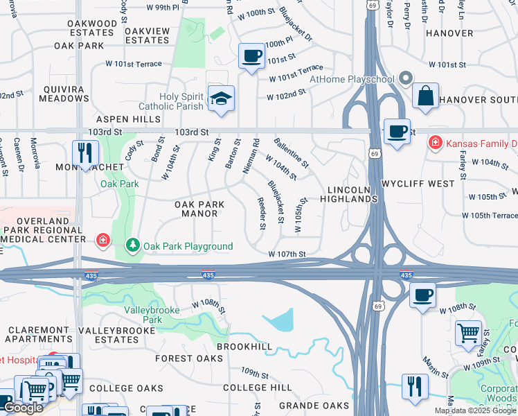 map of restaurants, bars, coffee shops, grocery stores, and more near 10517 Barton in Overland Park