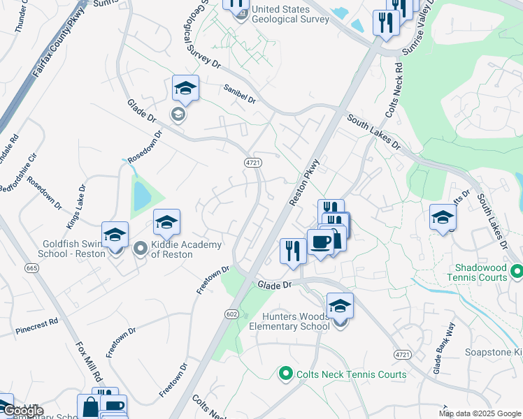 map of restaurants, bars, coffee shops, grocery stores, and more near 2300 Freetown Court in Reston