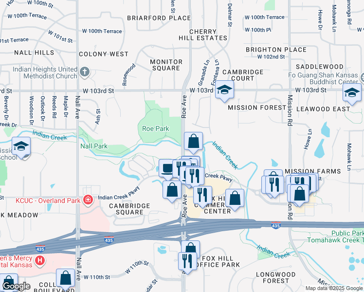 map of restaurants, bars, coffee shops, grocery stores, and more near 10498 Roe Avenue in Overland Park