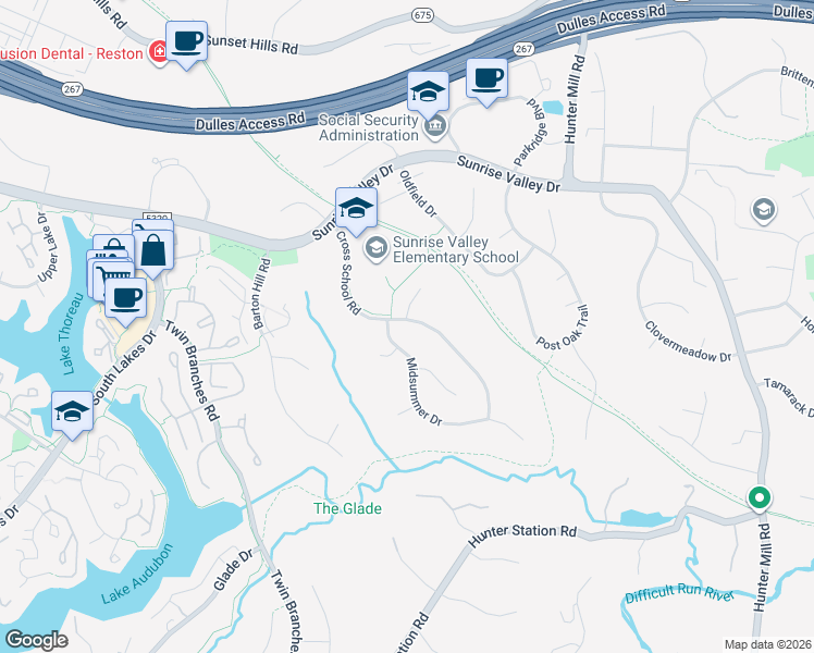 map of restaurants, bars, coffee shops, grocery stores, and more near 10733 Cross School Road in Reston