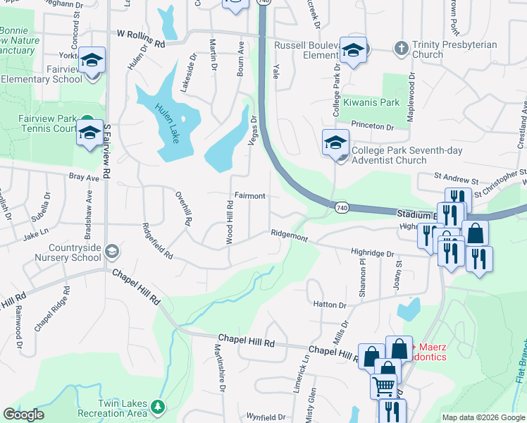 map of restaurants, bars, coffee shops, grocery stores, and more near 1301 Parkridge Drive in Columbia