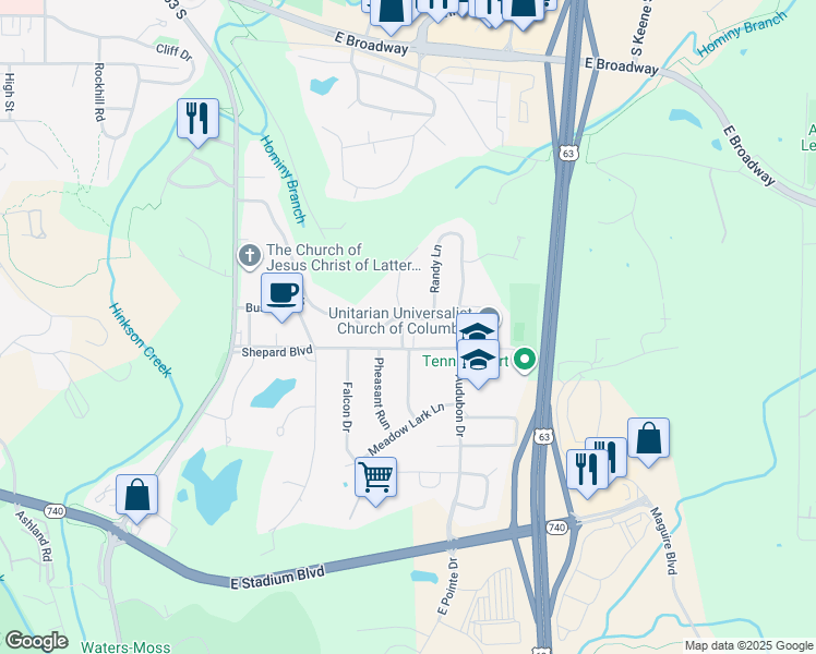 map of restaurants, bars, coffee shops, grocery stores, and more near 2512 Bluff Blvd in Columbia