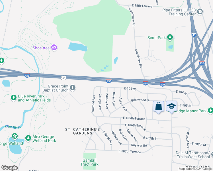 map of restaurants, bars, coffee shops, grocery stores, and more near 3316 East 104th Street in Kansas City