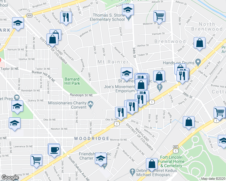 map of restaurants, bars, coffee shops, grocery stores, and more near 3004 Bunker Hill Road in Mount Rainier